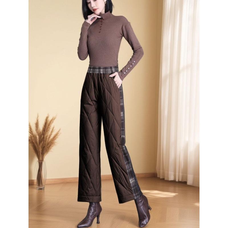 Fashion Women Winter Warm High Waist Cotton Padded Pants Plaid Patchwork Wide Leg Fleece Lined Trousers