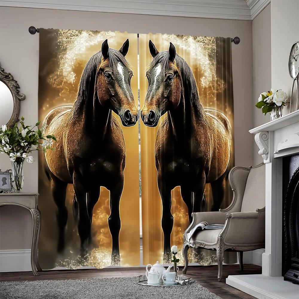 

2pcs 2D flat printing Curtain Dual Horses Artistic Golden Image Versatile Durable Polyester Without Electricity Birthday Party 100*130 Grommet Top 1pcs