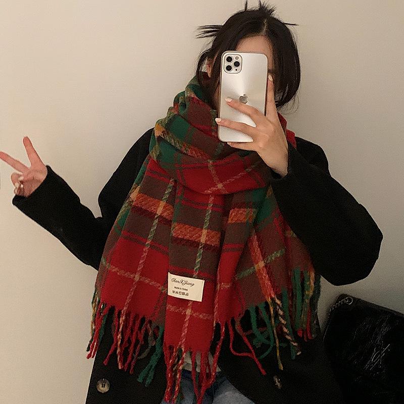Korean Style Christmas Plaid Thickened Warm Long Scarf and Shawl