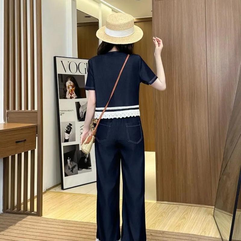 2025 Summer Lace Patchwork Denim Vest & Wide Leg Pants Set