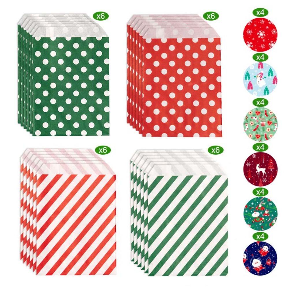 24Pcs with Stickers Christmas Gift Paper Bags Mixed Style Cookie Packaging Bag  Bakery
