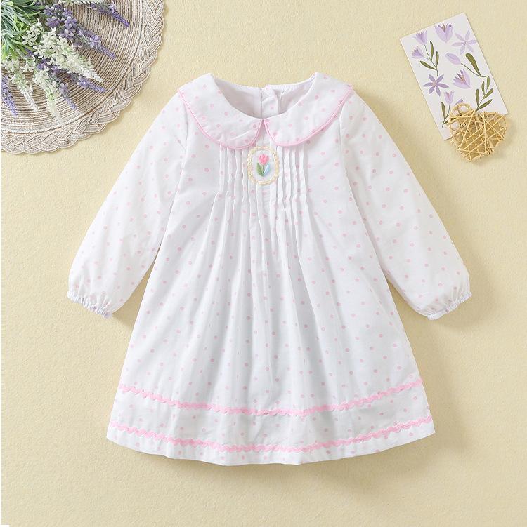 Girls Spring Autumn Pink Polka Dot Embroidered Princess Dress Kids Cotton Long Sleeve Dress Sweet And Stylish 80cm розовый