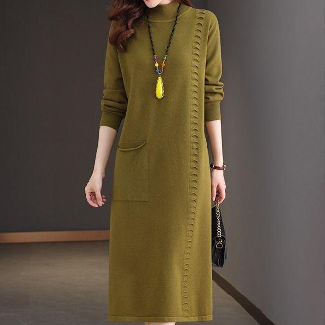 Half Turtleneck Knitted Dress Solid Color Loose Mid-length Sweater for Women Autumn and Winter Casual Long-sleeved Pullover