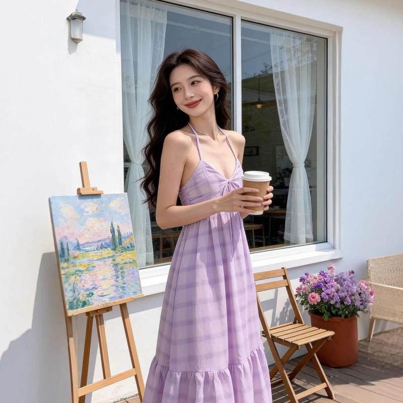 Holiday wind beach skirt backless lavender chiffon swinging air dress photo