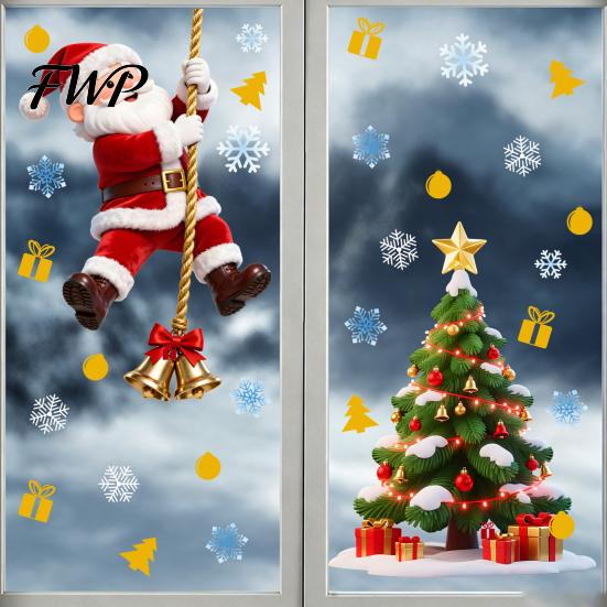 Removable Glass Stickers Christmas Window Cling, Santa Climbing Rope Sticker, Static Cling Pattern PVC Tree Decal for Doors Windows Holiday Home Decor
