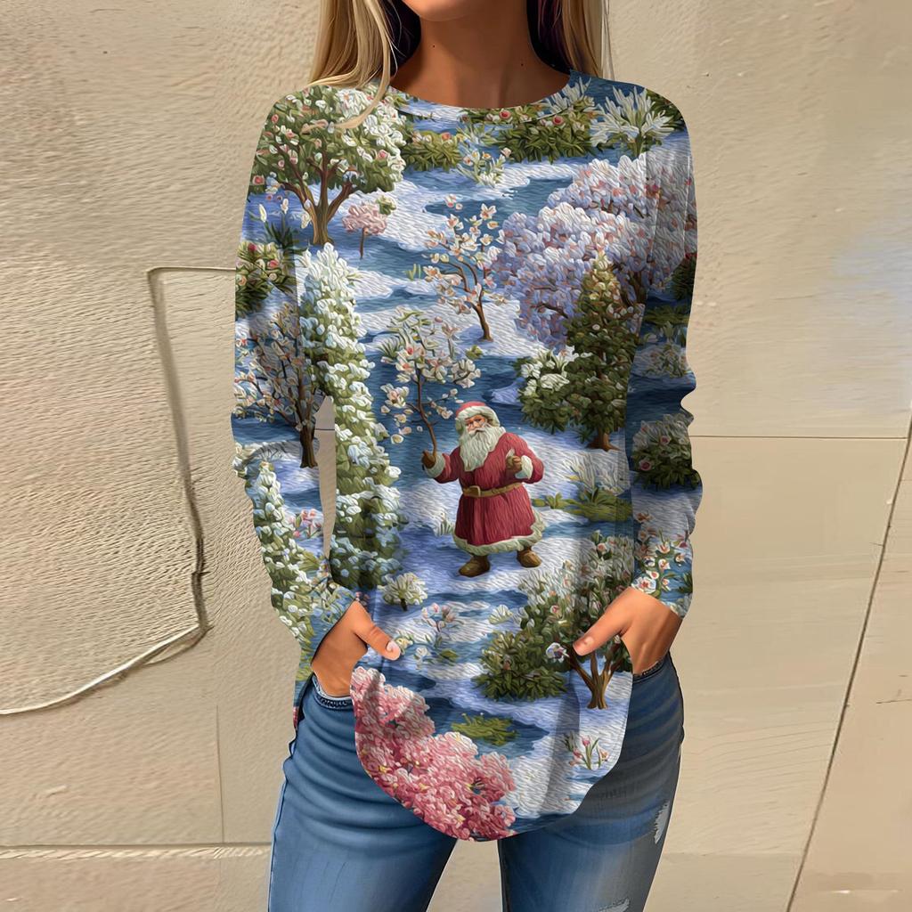 Tee Shirts For Women Casual Round Neck Long Sleeve Shirts Christmas Printing Top Pullover