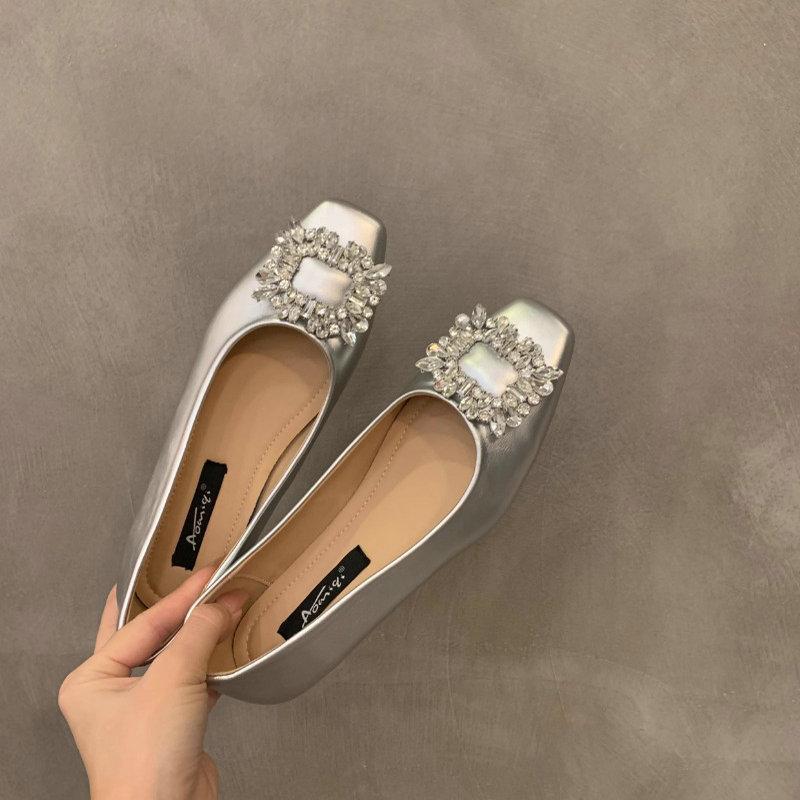Fashion Flat Shoes for Women 2025 Spring and Autumn Silver Square Head Diamond Black Plus Size Casual Women's Shoes