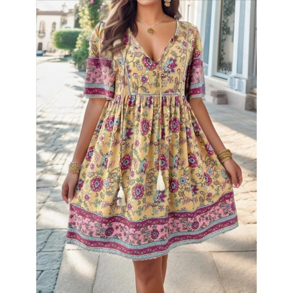 Women‘s V Neck Short Sleeve A-Line Mini Dress Print Loose Casual Summer Gown