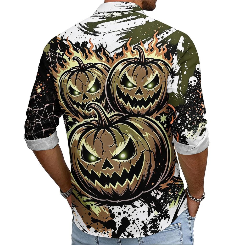 Men's Halloween Long Sleeve Button Down Shirt with Collar Casual for Holiday Parties