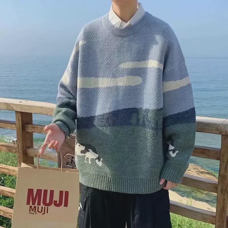Herren Strickpullover im japanischen Stil mit Kuhmuster - Trendiger Rundhals-Pullover