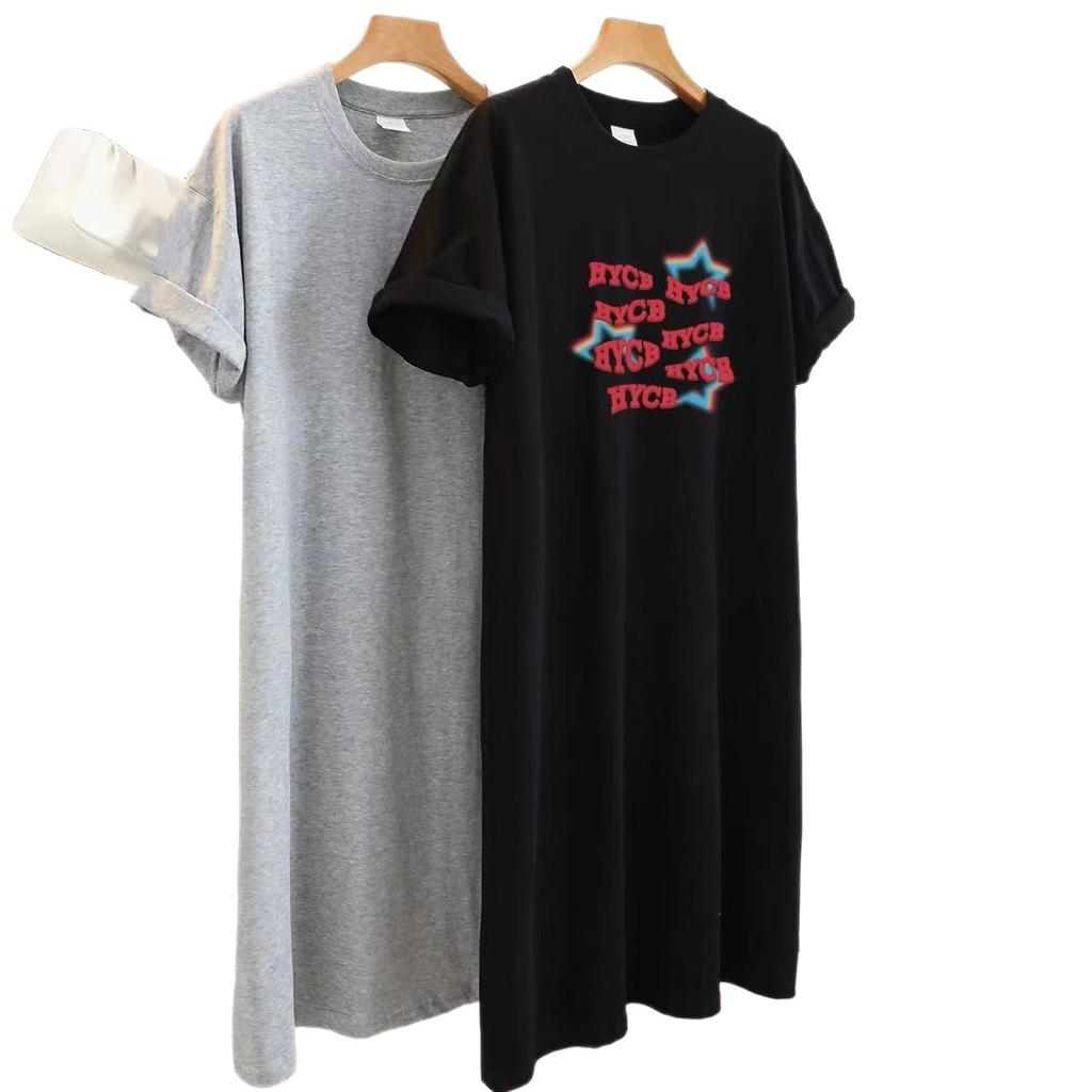 Nové těhotenské tričkové šaty s krátkým rukávem v korejském stylu na léto, volné dlouhé šaty ke kolenům a jednoduché a módní šaty