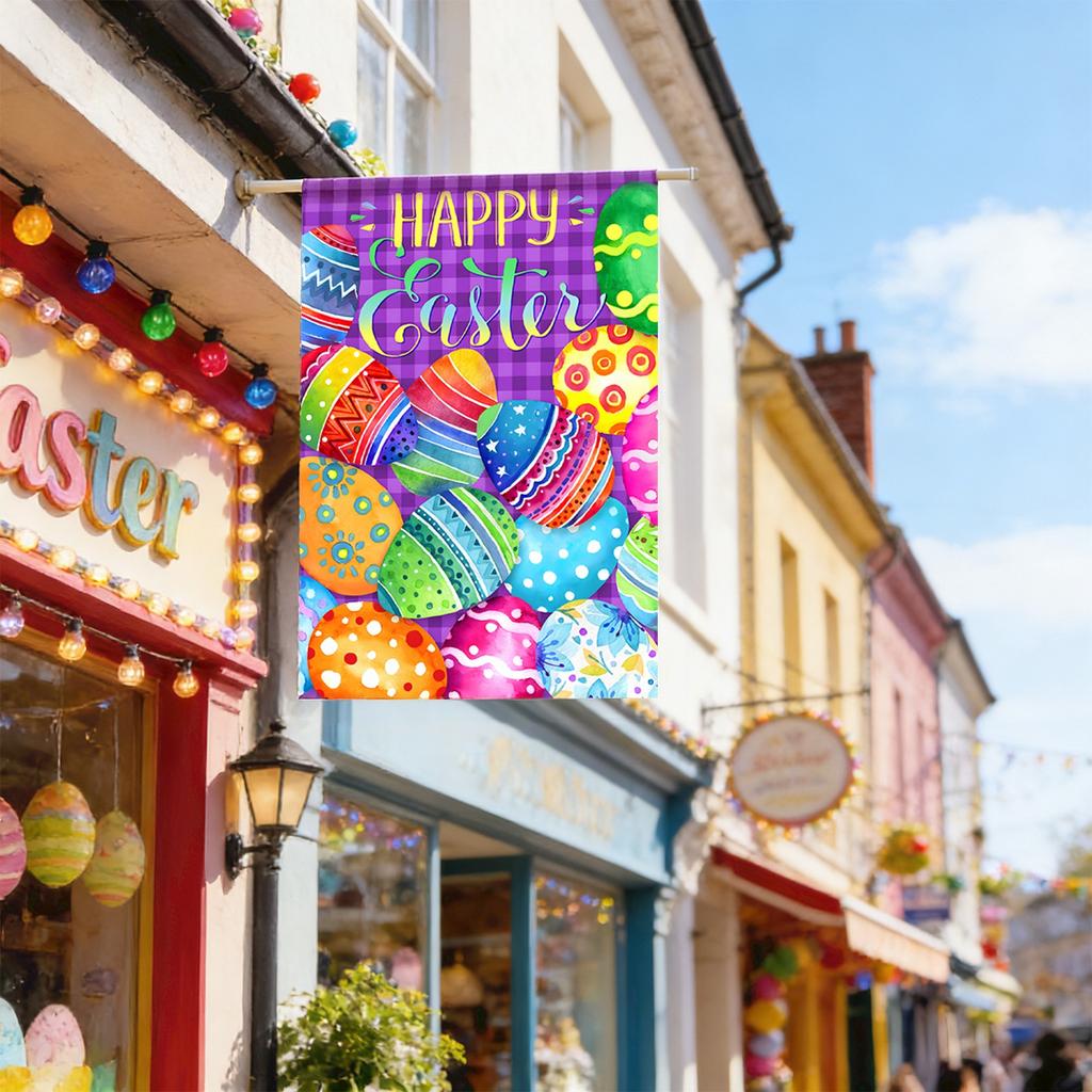 Föremål för en påskträdgård: Dubbelsidigt tryckta söta påskägg och dekorativa flaggor