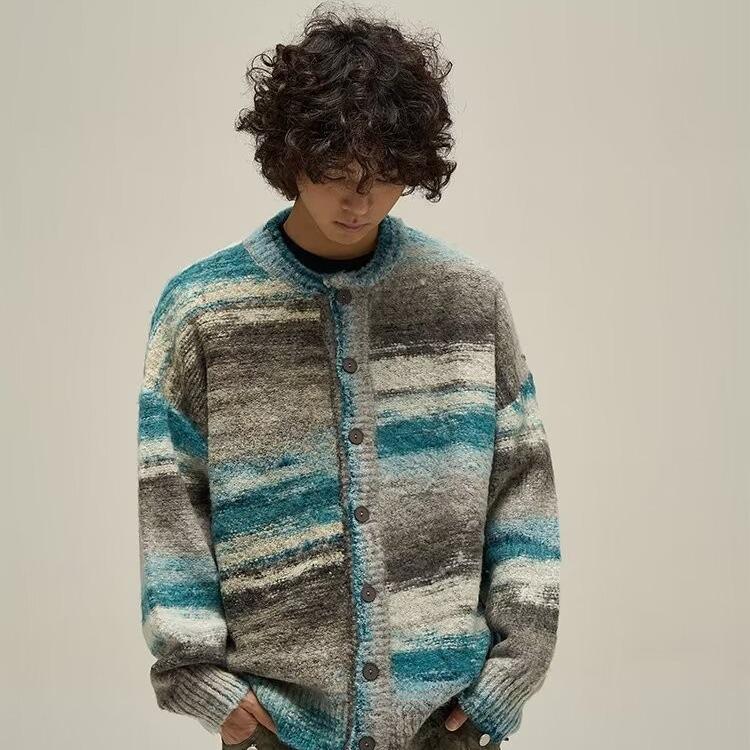 Men's Autumn/Winter Retro Striped Cardigan Sweater - Loose Fit, Casual Style