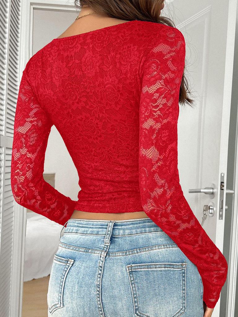 Y2K Sexy Deep V Cutout Lace Pullover - Spring/Summer 2025 Women's Top, European & American Sweet and Spicy Style