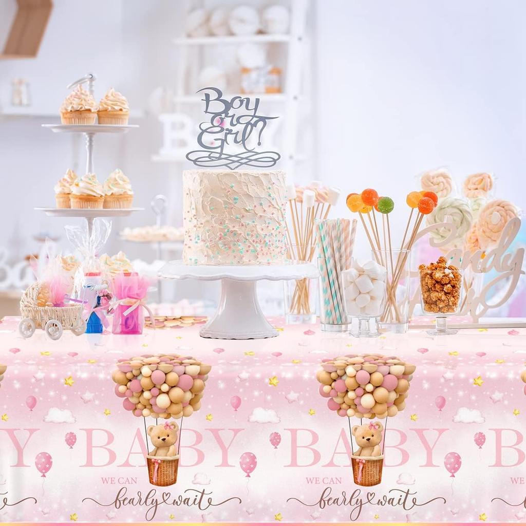 Bear Baby Shower Decorations,3pcs Pink Teddy Bear Baby Shower Tablecloths Bear Tablecloth Plastic Bear Baby Girl Table Covers for Girl Gender Reveal