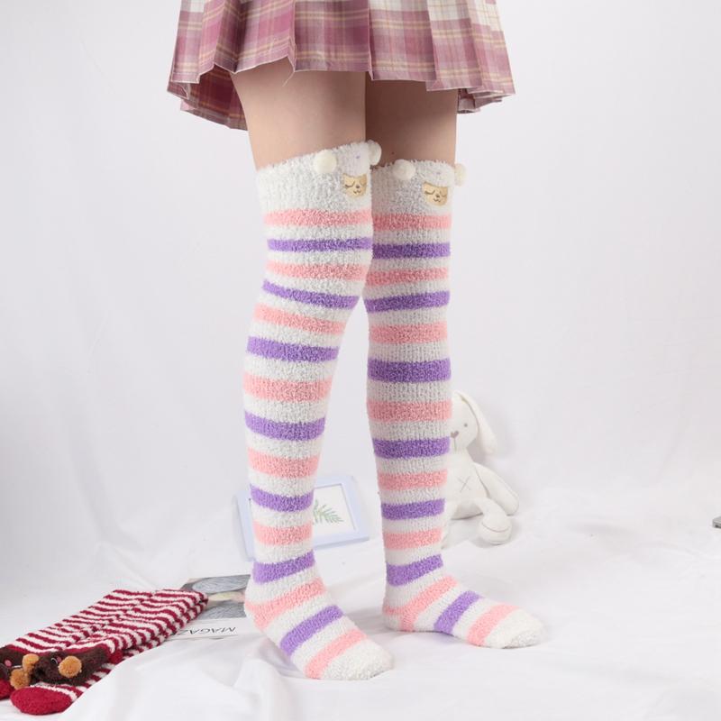 Women Girl Cute Winter Striped Coral Velvet Long Socks Warm Thicke Knee Length Socks Cute Bear Fox Sheep Home Towel Stockings