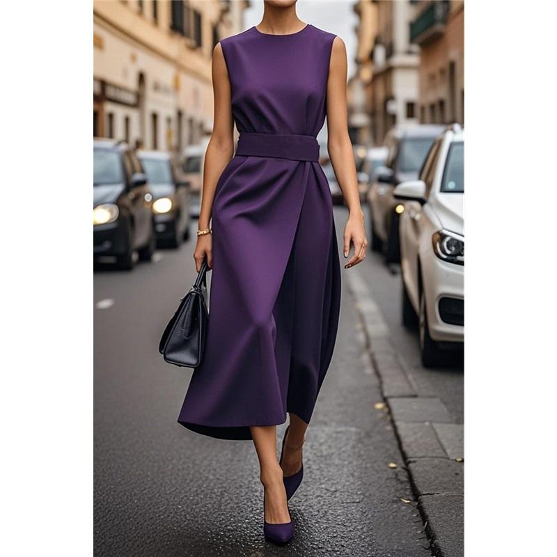 Vestido Casual Largo de Color Sólido sin Mangas con Cuello Redondo para Mujer