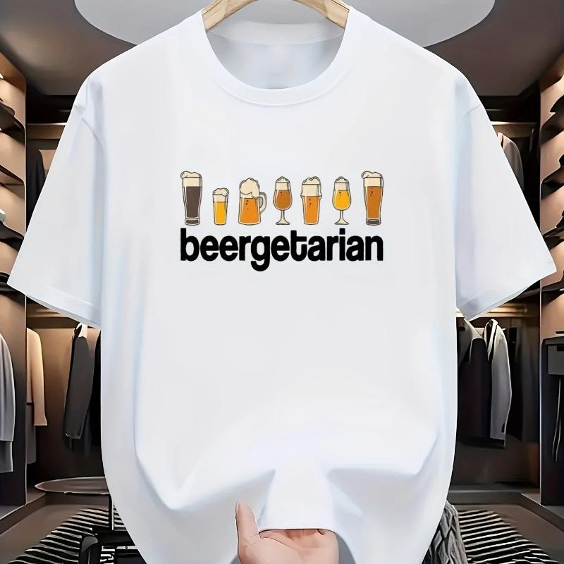 Maglietta Divertente da Uomo in Cotone per Amanti della Birra Vegani BEERGETARIAN Stampa con Bicchieri da Birra Simbolo Vegano Blu Navy Girocollo Maglietta Casual