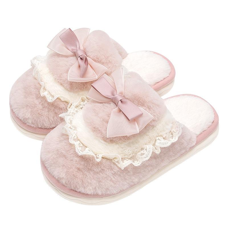 Bow cotton slippers women's winter new couple cute home plush warm fluffy slippers