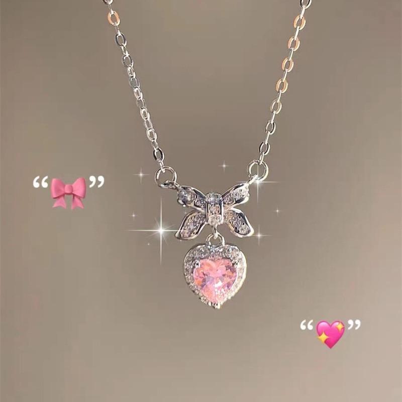 New versatile pink love zircon bow necklace women s summer sweet and cool babes temperament decorative trendy collarbone chain