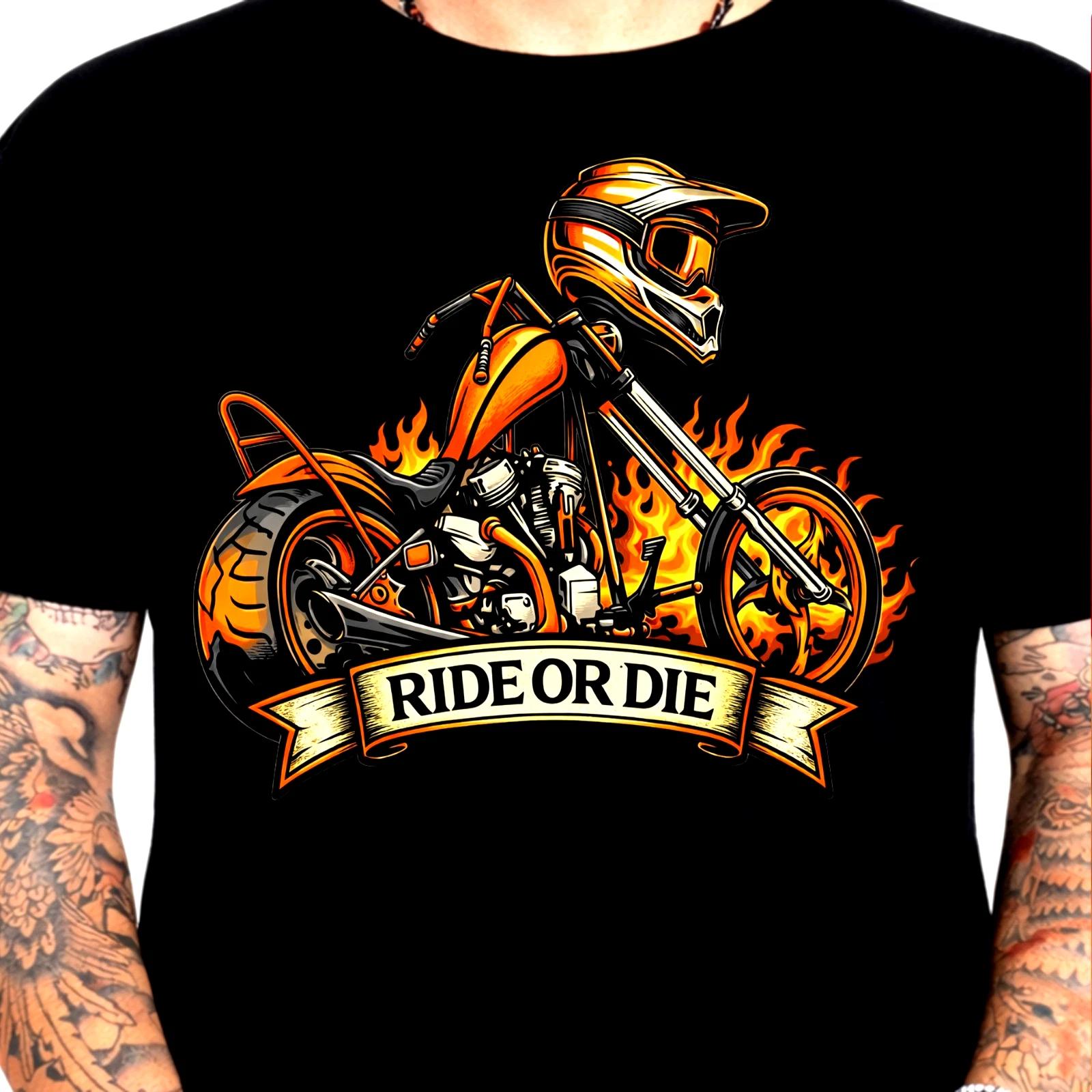 Ride Or Die T-Shirt Flaming Chopper Motorcycle Biker Helmet Gothic Graphic Tee XXXL
