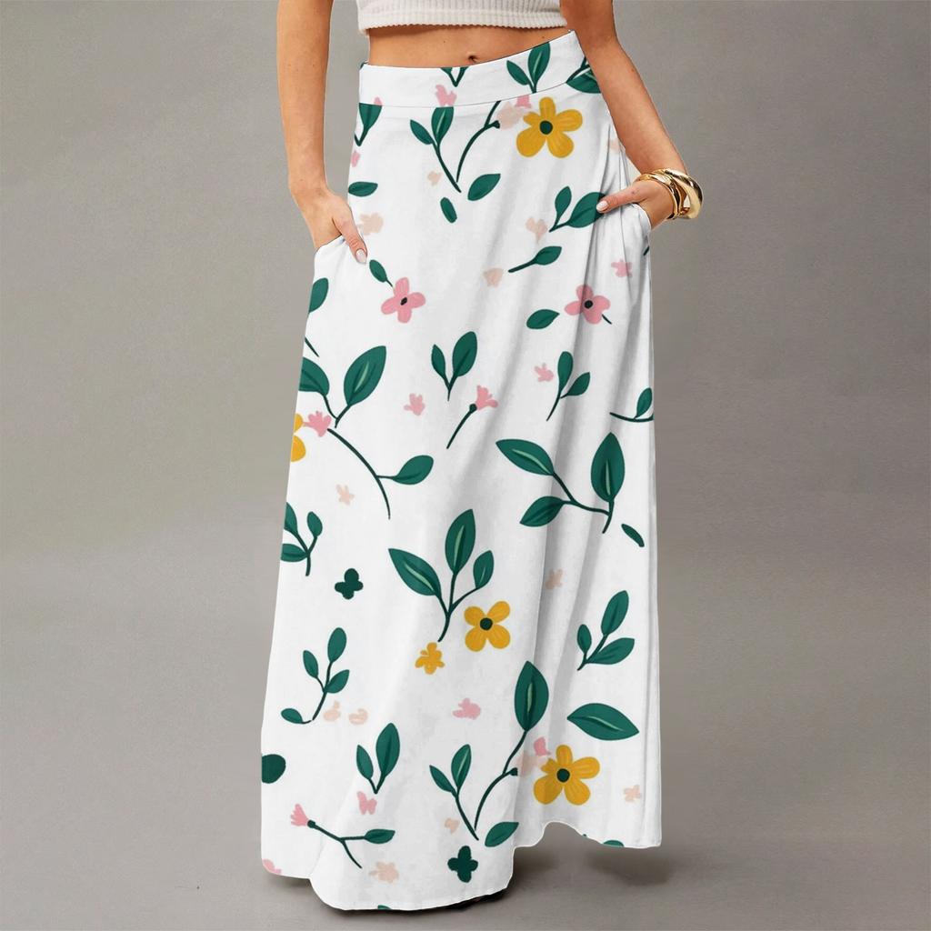 Women's Casual Leisure Foldable Floral Print High Waist With Pocket Draped Relaxed Long Maxi Skirt