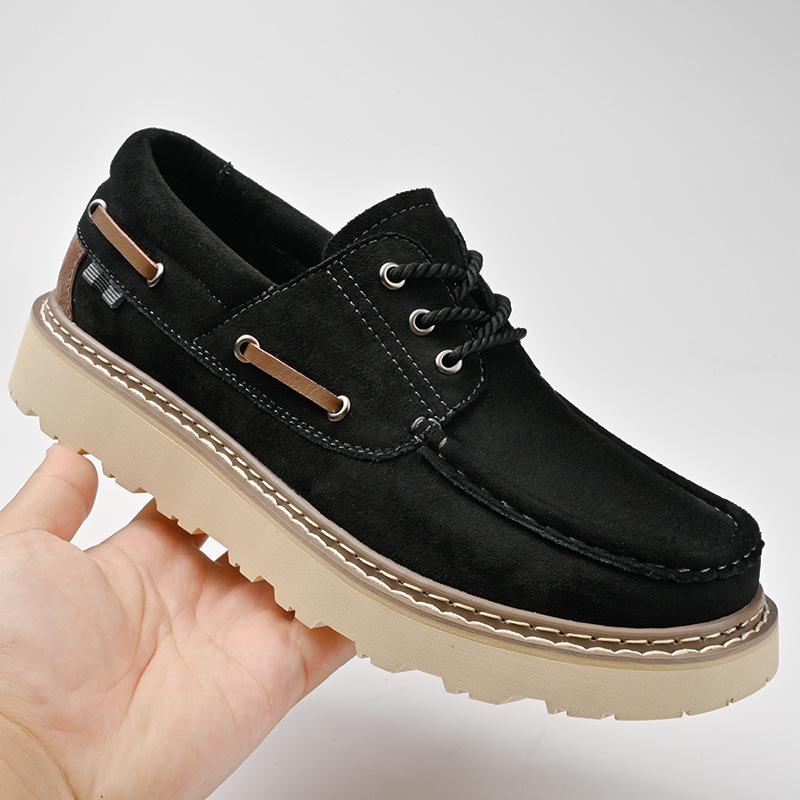 Men's Casual Thick-Soled Leather Lace-Up Boat Shoes, Size 46