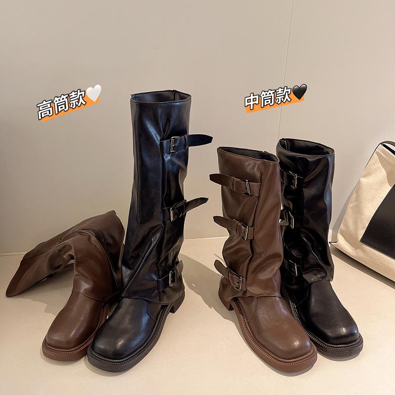 Modische vielseitige Stiefel mit runder Spitze und dickem Absatz für Damen, Herbst und Winter 2025, neu, mit Gürtelschnalle, dünne vielseitige Reiterstiefel