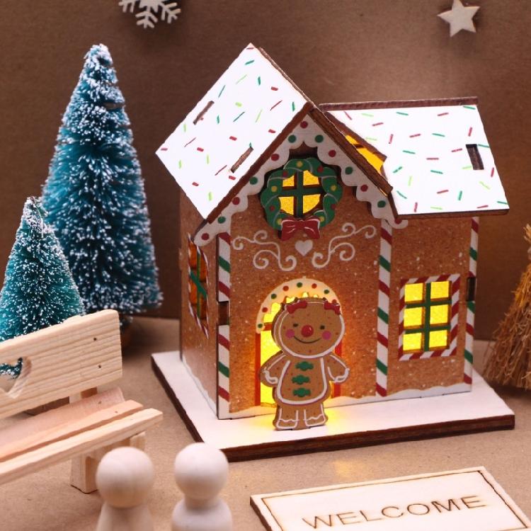 Interactive Wood Christmas Doll House Assembly Set with Miniature Furniture and Accessories LED Light Craft Model Cabin