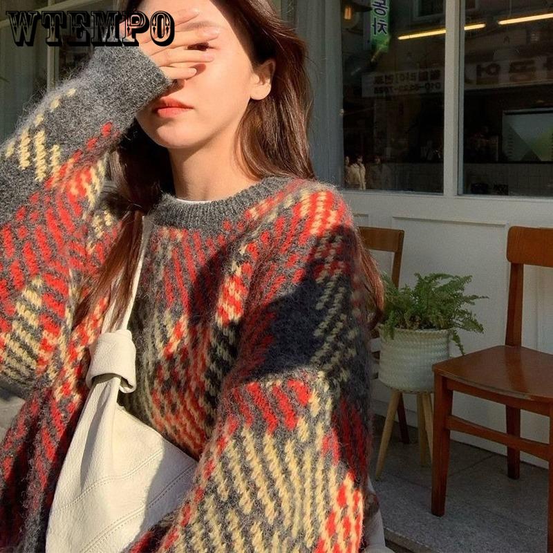 WTEMPO Soft Women's Autumn and Winter  New Plaid Retro Y2K Loose Lazy High-end Sense of Temperament Sweaters