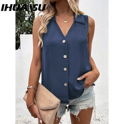 Sommer Damenkleid Einfarbig V-Ausschnitt Locker Chiffonhemd Ärmellos Twist Knopf Weste Hemd Damen