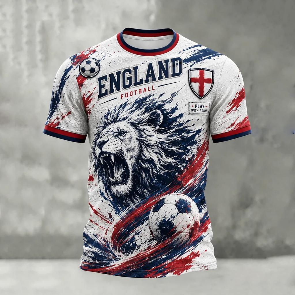 Men's England Football Printed Jersey Short Sleeve Crew Neck Athletic Soccer Shirt Lightweight Breathable Sportswear for Training and Casual Wear