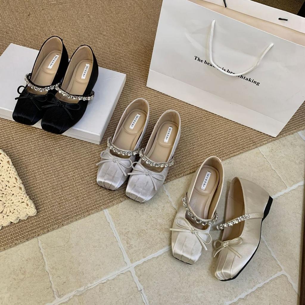 2025 new autumn and winter square head with rhinestone satin bow soft bottom ballet bean inner height increase pregnant women