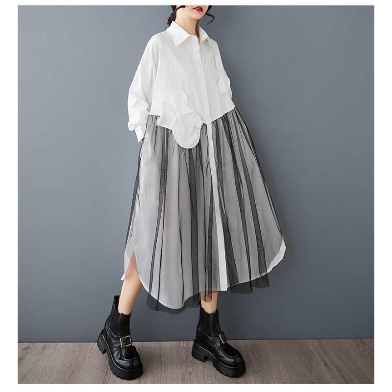 New Mesh Splicing Fashionable Loose Casual Shirt Dress