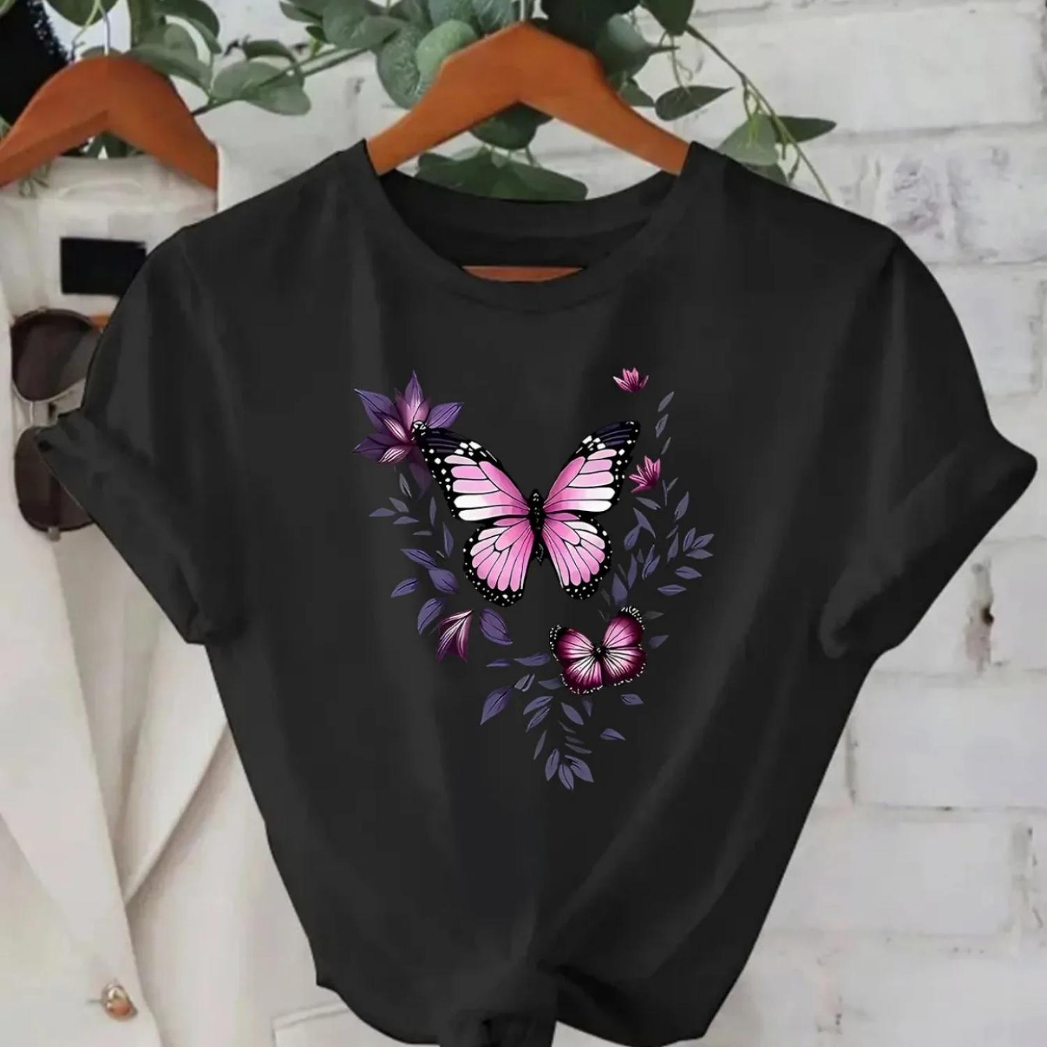 Fashionable Letter Cartoon Print  S Round Neck T-Shirt Simple Design Breathable Summer Sleeved Harajuku Streetwear Tops S чёрный