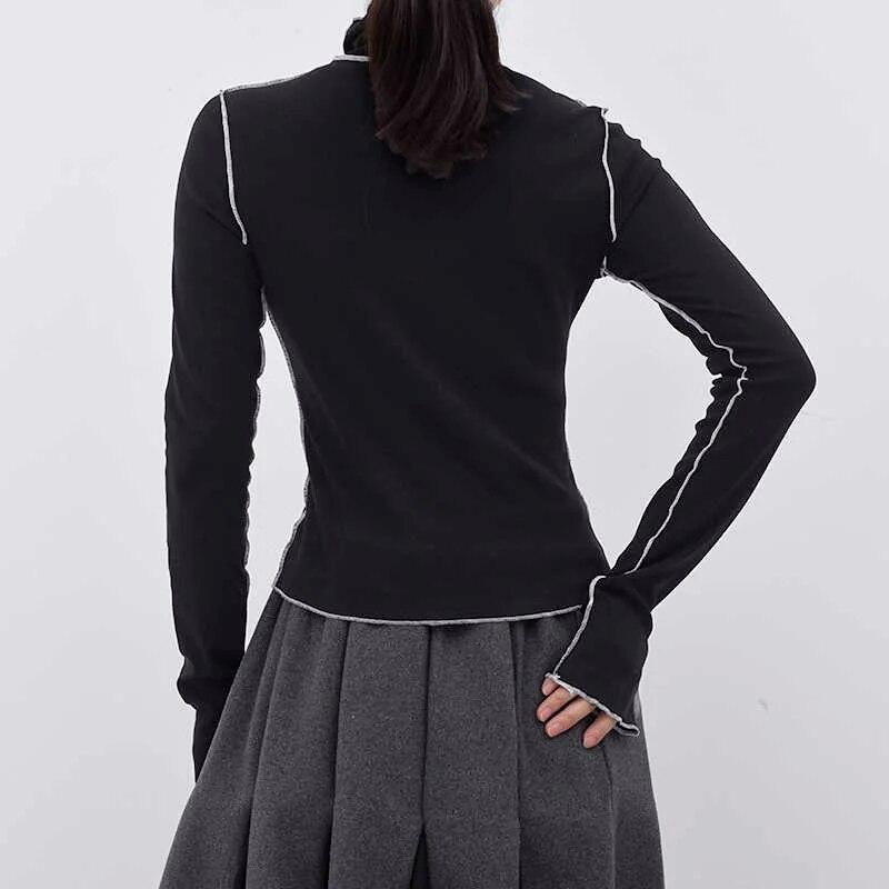 Dámský bílý rolák s ozdobným prošíváním, vysoce elastické slim tričko, nový módní rolák s dlouhým rukávem, jarní/podzimní crop topy