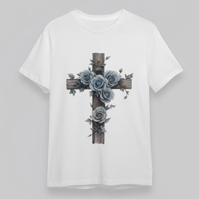

Women s Plus Size Classic T-Shirt Wooden Cross With Lavender Roses Leaves Tee 2XL