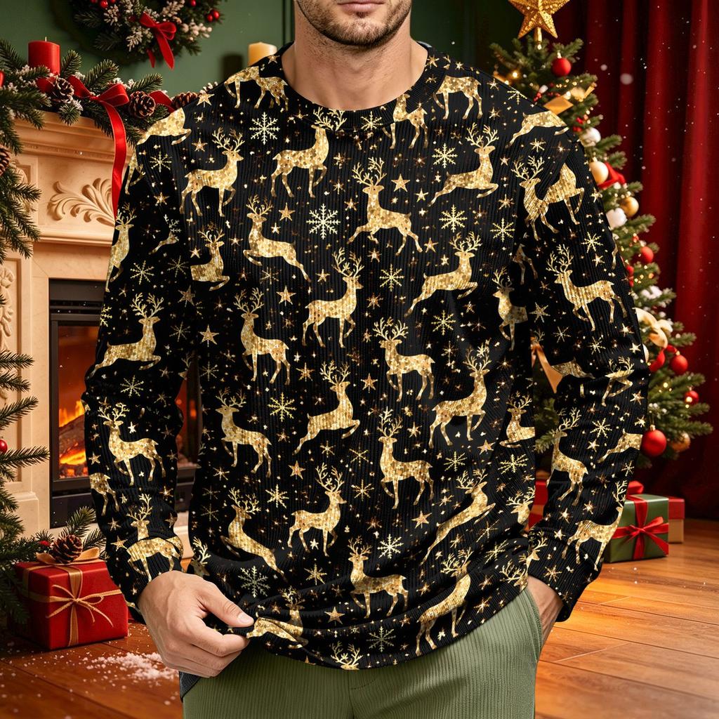 Top Masculino de Veludo Cotelê de Manga Longa com Gola Redonda e Estampa de Natal para Uso Casual Festivo