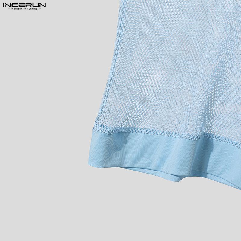 INCERUN Summer Men V Neck Short Sleeve Mesh See Through Hollow T-shirts Tops