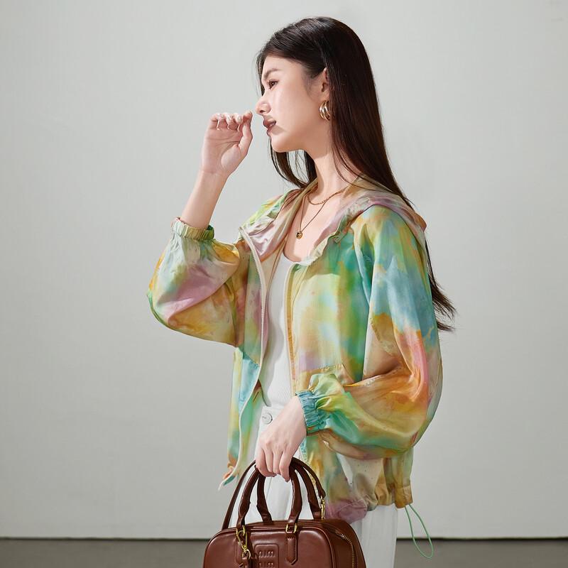 SOFSIL Women s Silk Hooded Floral Print Loose Short Jacket M