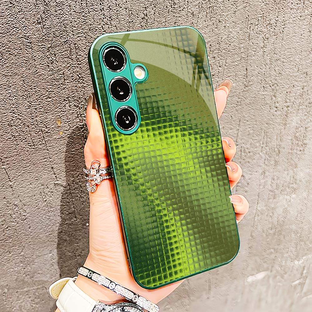 Grid-structured crystal Glass PhoneCase for Samsung Galaxy S26 S25 S24 S23 S22 S21 FE Ultra Plus Built-in glass green Exquisite