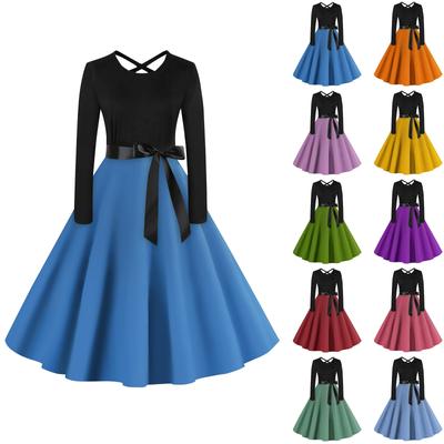 Women's Casual Solid Color O-neck Pullover High Waist Long Sleeve Dress