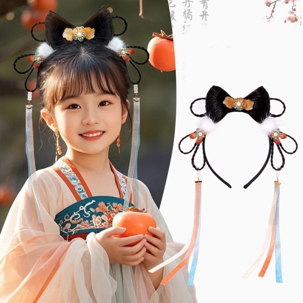 Tassel Children Wig Headband Flower New Year Hair Accessories Hanfu Headwear  Year of the Horse