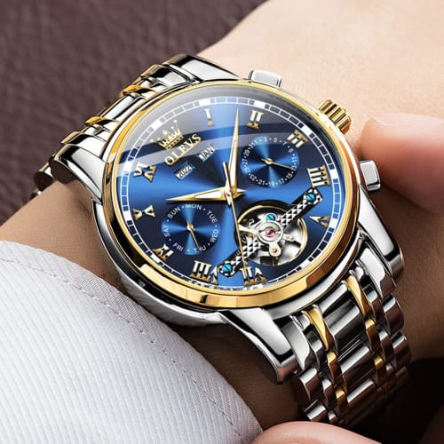 Men's Gold Automatic Skeleton Mechanical Watch, Waterproof Analog Stainless Steel Luxury Watch for Men (Blue I)