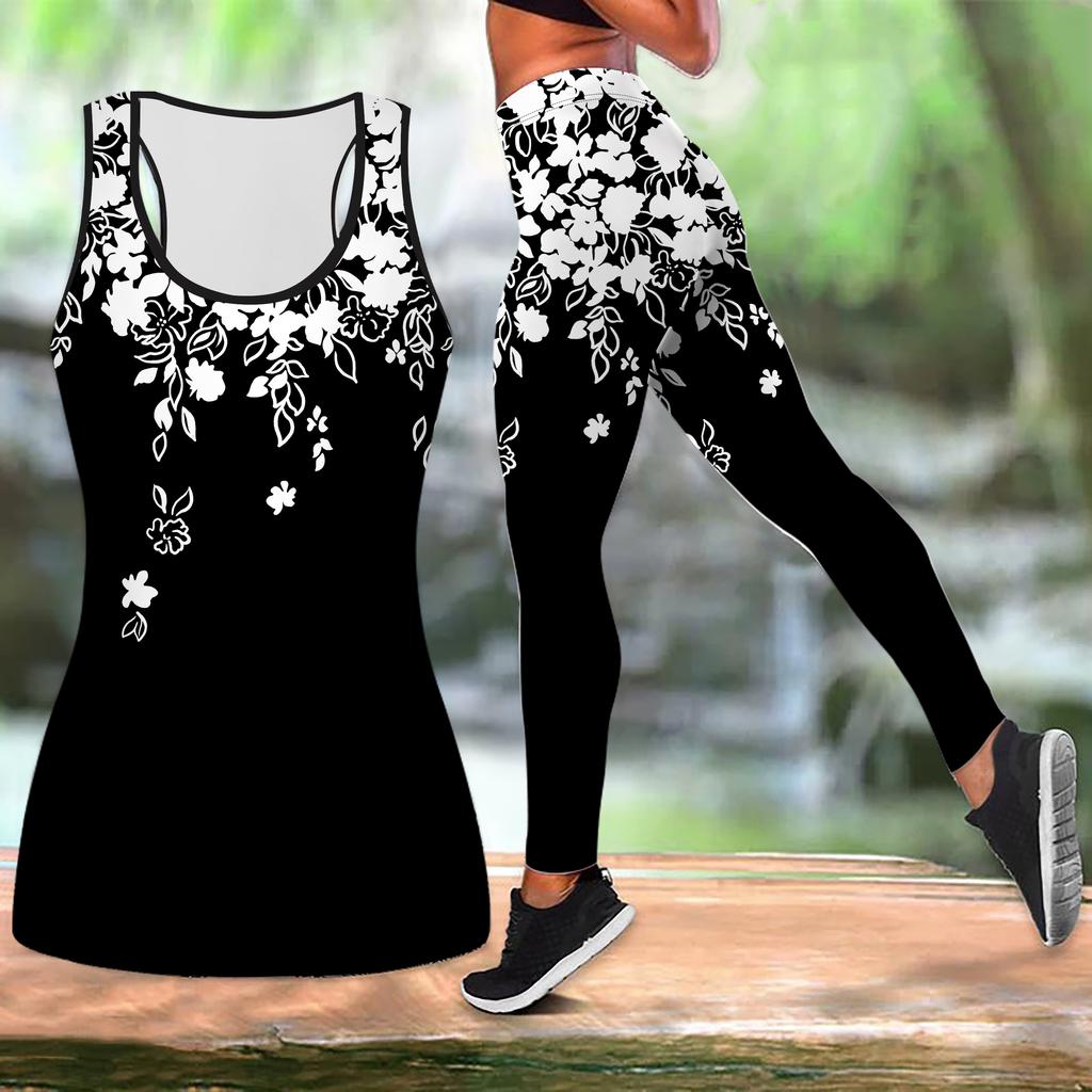 Blaues Yoga-Outfit mit elegantem Blumendruck für Damen, modische Workout-Leggings, Fitness, Sport, lässiges Yoga-Set, Sportanzug