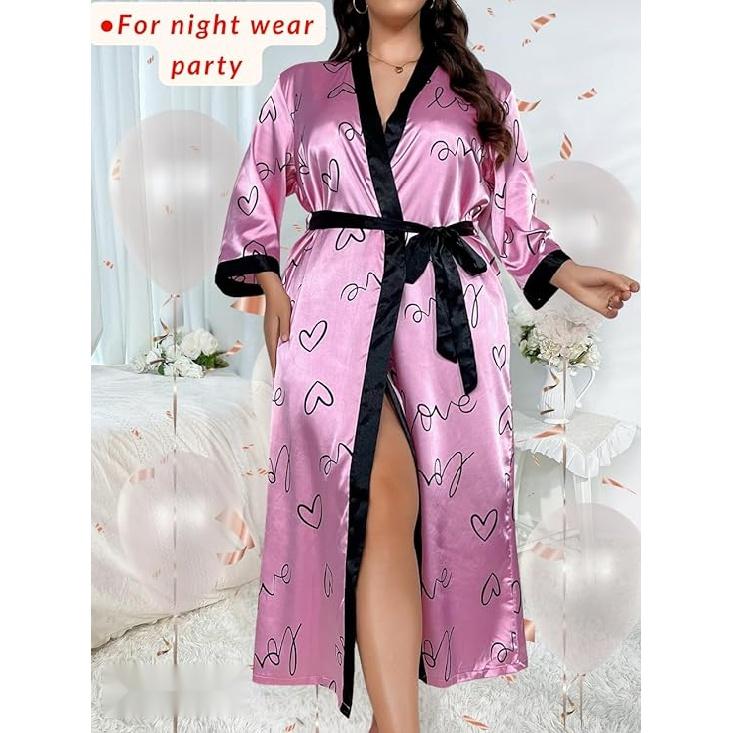 Women's Plus Size Valentines Robe, Sexy Satin Robe Long Sleepwear