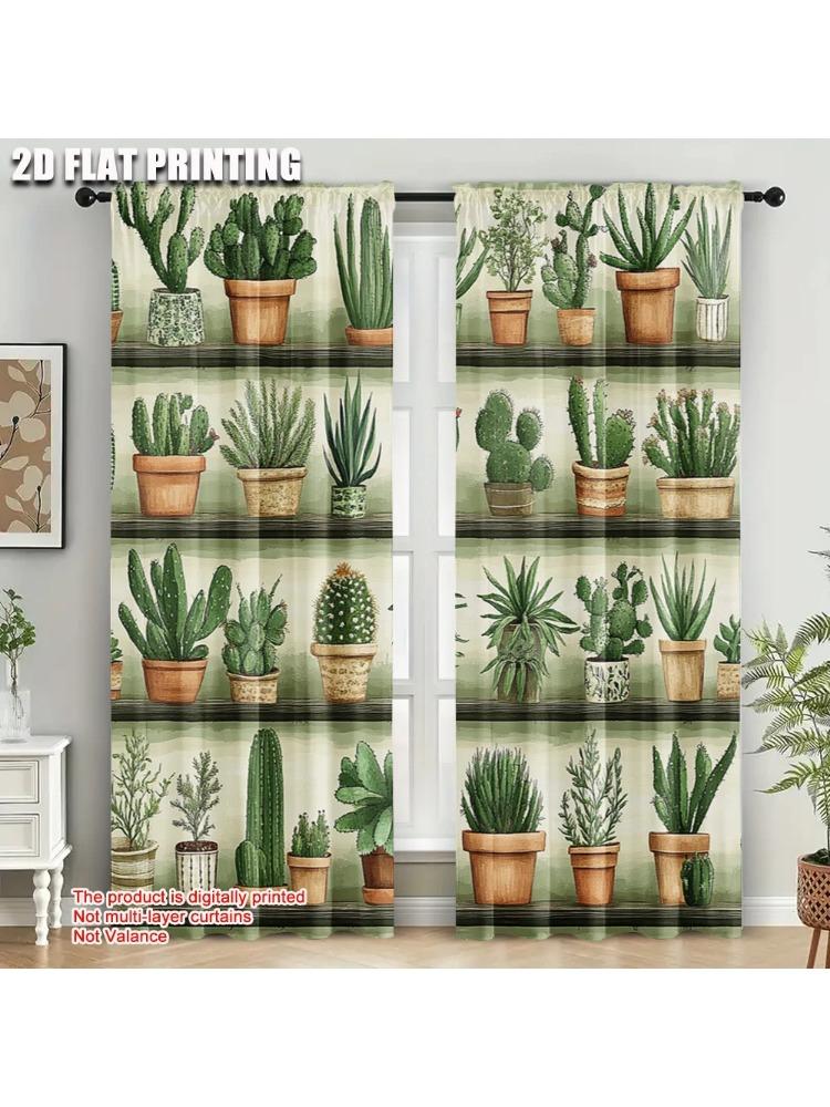 

Plane Printing Curtain Fabric Cactus Tropical Desert Succulents Versatile Polyester Without Rod All Seasons W100*H70(CM)-Grommet top&2PCS