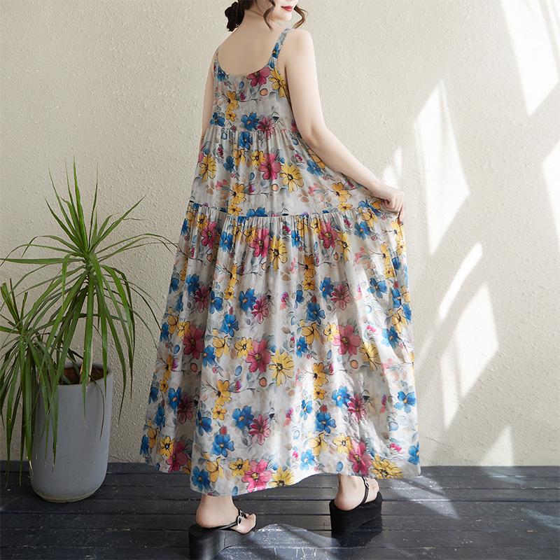 2025 Summer Cotton Linen Printed Patchwork Maxi Dress with Spaghetti Straps One Size