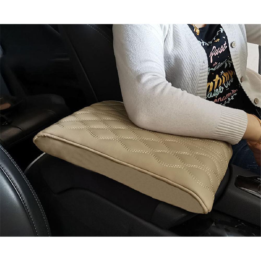 Beige PU Leather Wave Pattern Car Armrest Pad Cover Center Console Protector Mat