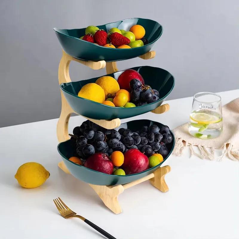 Tischplatten Geschirr Unterteilt Süßigkeiten Kuchen Tabletts Küche Obstschale mit Etagen Stilvolles Bambus Serviertablett Holzgeschirr